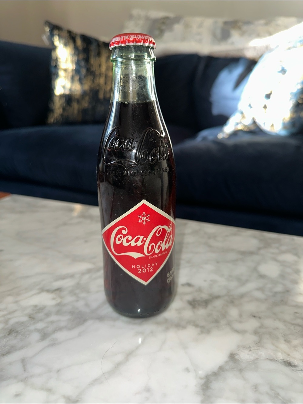 Coca Cola Glass Bottle Holiday 2012 Red Label and Red Cap